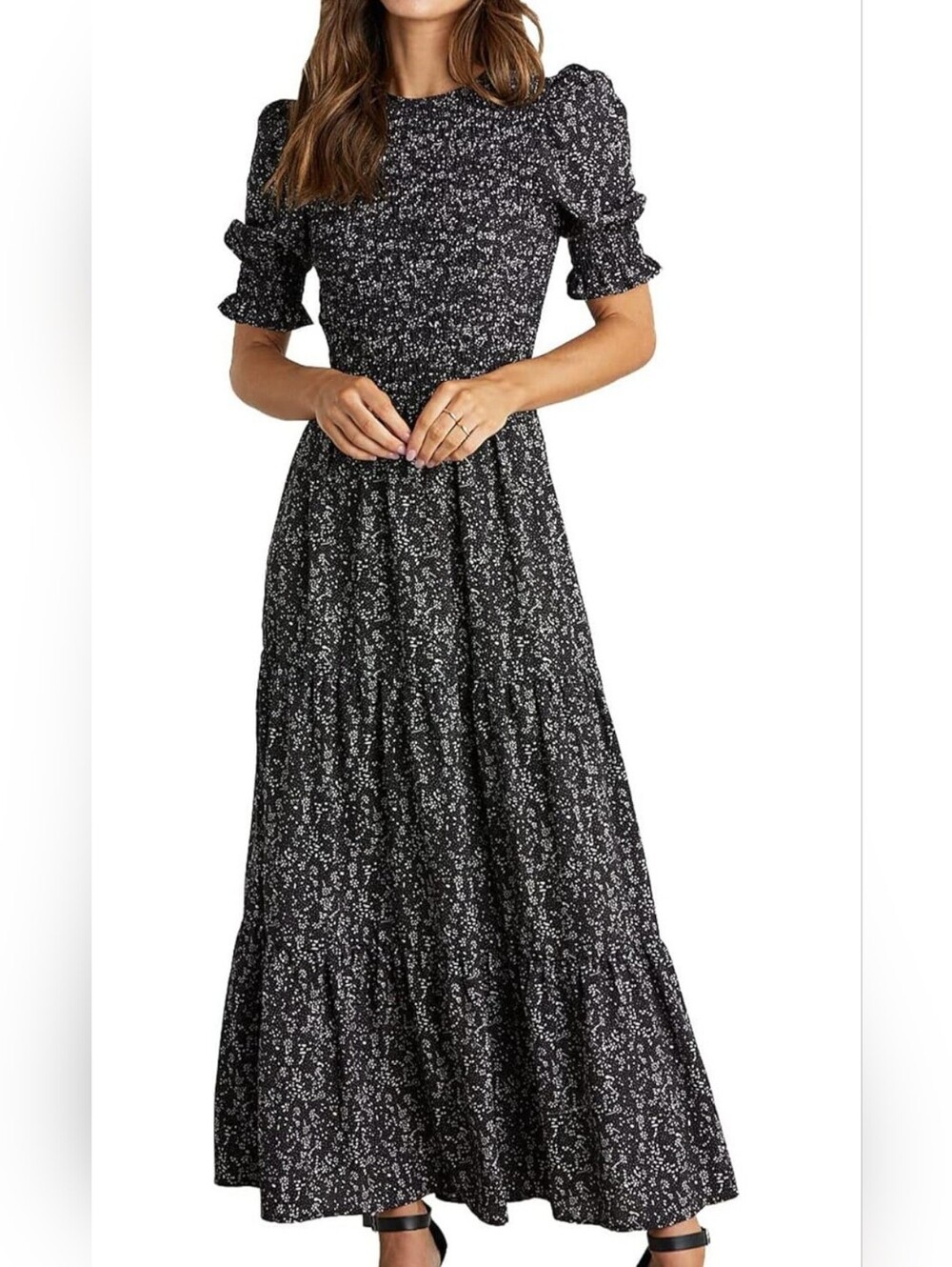 Black Floral Smocked Ruffled Short Sleeve Maxi Dress - Women's